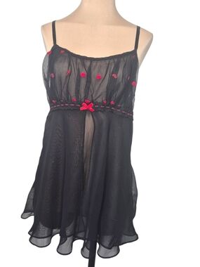Inner Most Sears Black Sheer Chemise with Red Embroidered Accents Vintage Medium
